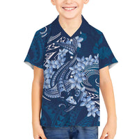 Navy Blue Polynesia Hammerhead Shark Tattoo With Plumeria Lei Family Matching Short Sleeve Bodycon Dress and Hawaiian Shirt LT14 Son's Shirt Navy Blue - Polynesian Pride