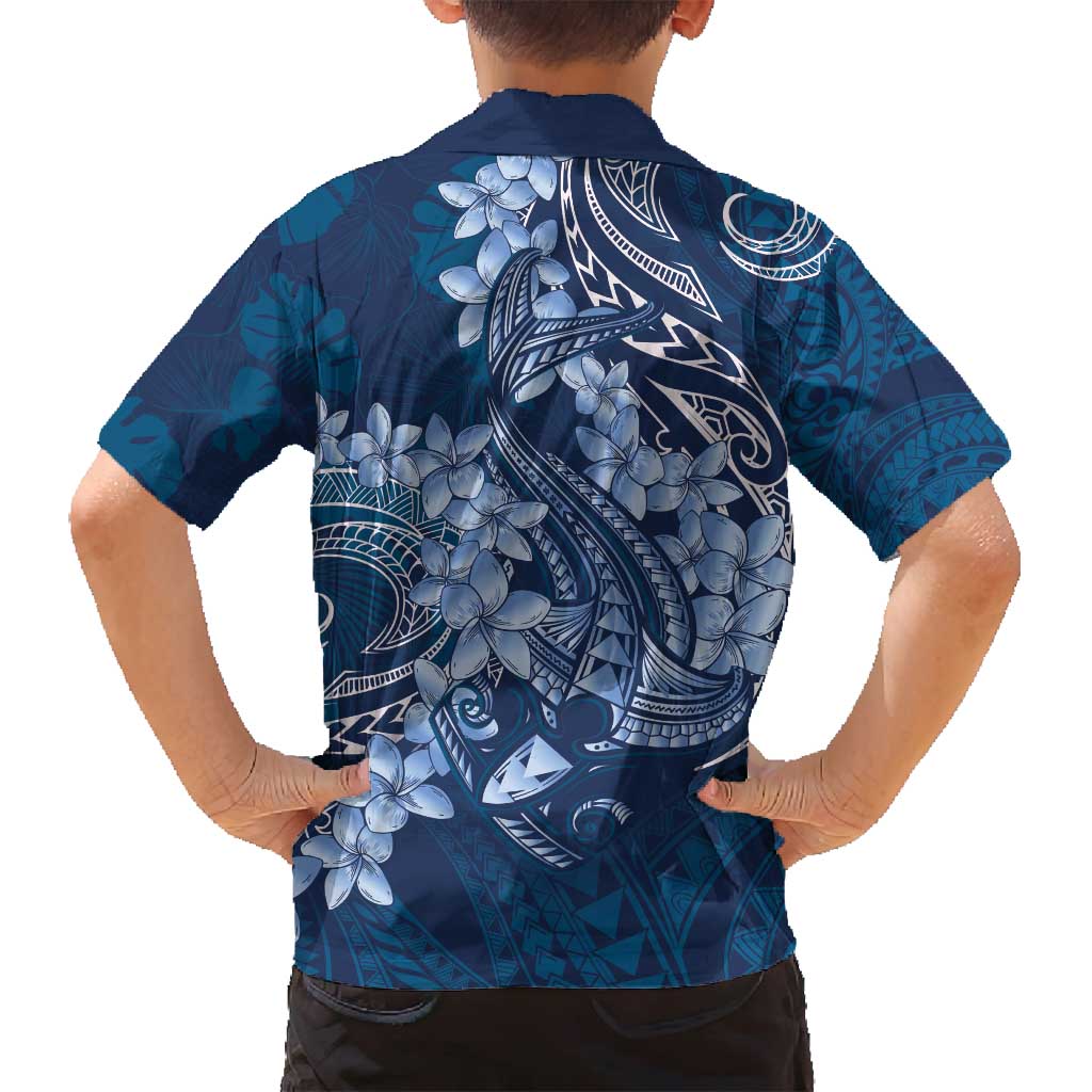 Navy Blue Polynesia Hammerhead Shark Tattoo With Plumeria Lei Family Matching Summer Maxi Dress and Hawaiian Shirt LT14 - Polynesian Pride