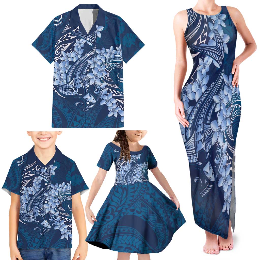 Navy Blue Polynesia Hammerhead Shark Tattoo With Plumeria Lei Family Matching Tank Maxi Dress and Hawaiian Shirt
