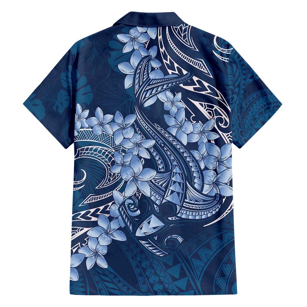 Navy Blue Polynesia Hammerhead Shark Tattoo With Plumeria Lei Family Matching Tank Maxi Dress and Hawaiian Shirt