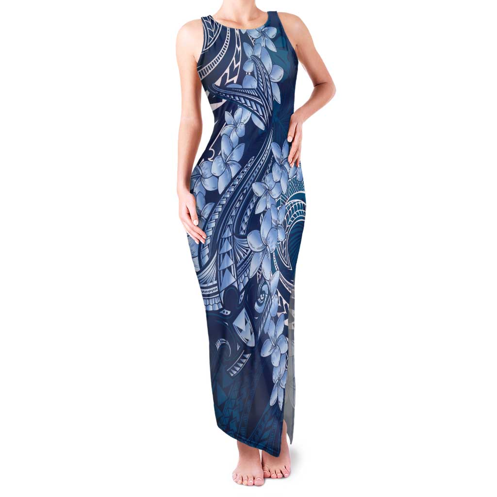 Navy Blue Polynesia Hammerhead Shark Tattoo With Plumeria Lei Family Matching Tank Maxi Dress and Hawaiian Shirt