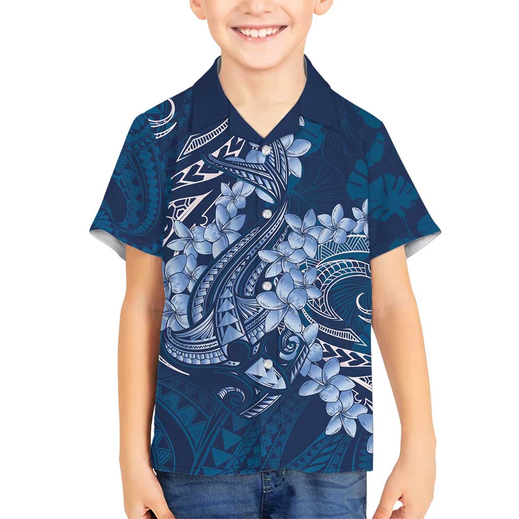 Navy Blue Polynesia Hammerhead Shark Tattoo With Plumeria Lei Family Matching Tank Maxi Dress and Hawaiian Shirt