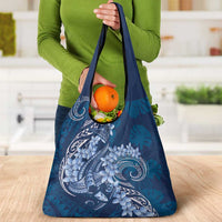 Navy Blue Polynesia Hammerhead Shark Tattoo With Plumeria Lei Grocery Bag