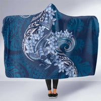 Navy Blue Polynesia Hammerhead Shark Tattoo With Plumeria Lei Hooded Blanket