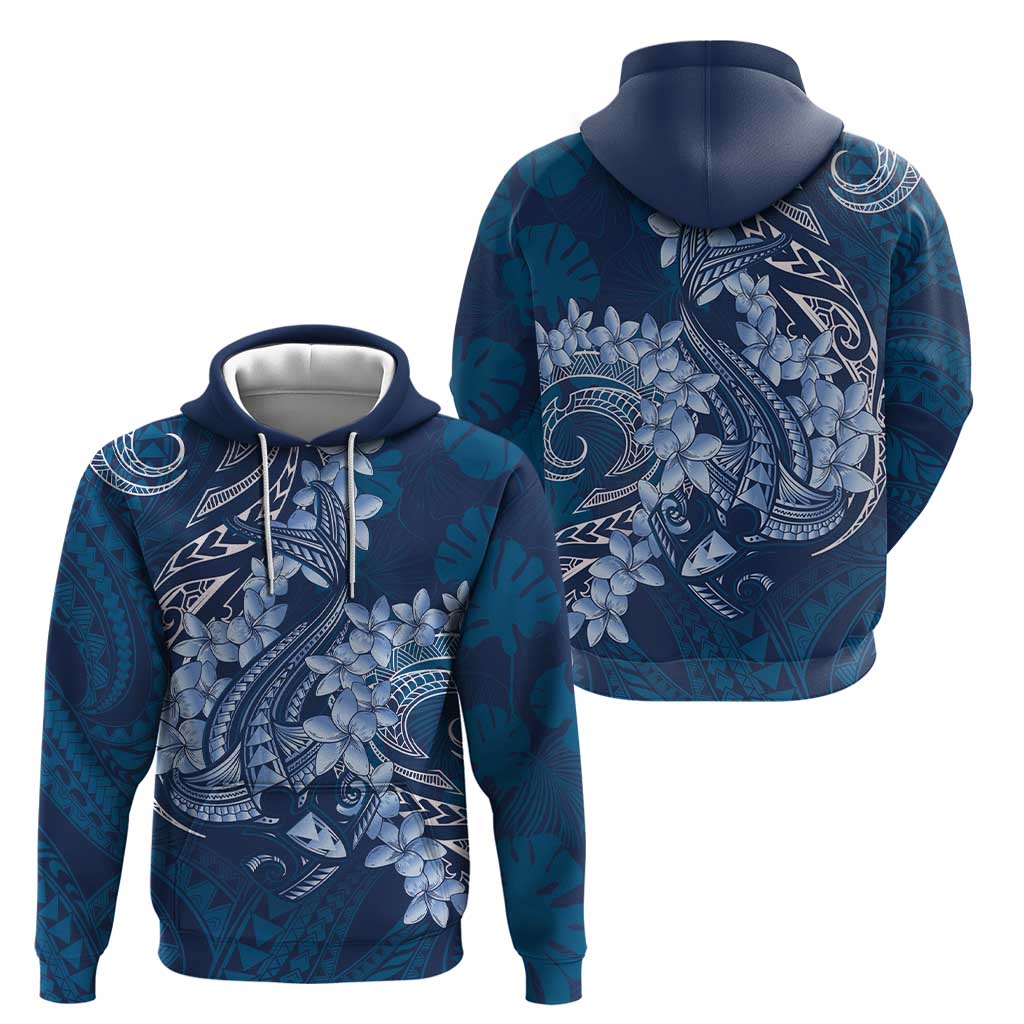 Navy Blue Polynesia Hammerhead Shark Tattoo With Plumeria Lei Hoodie