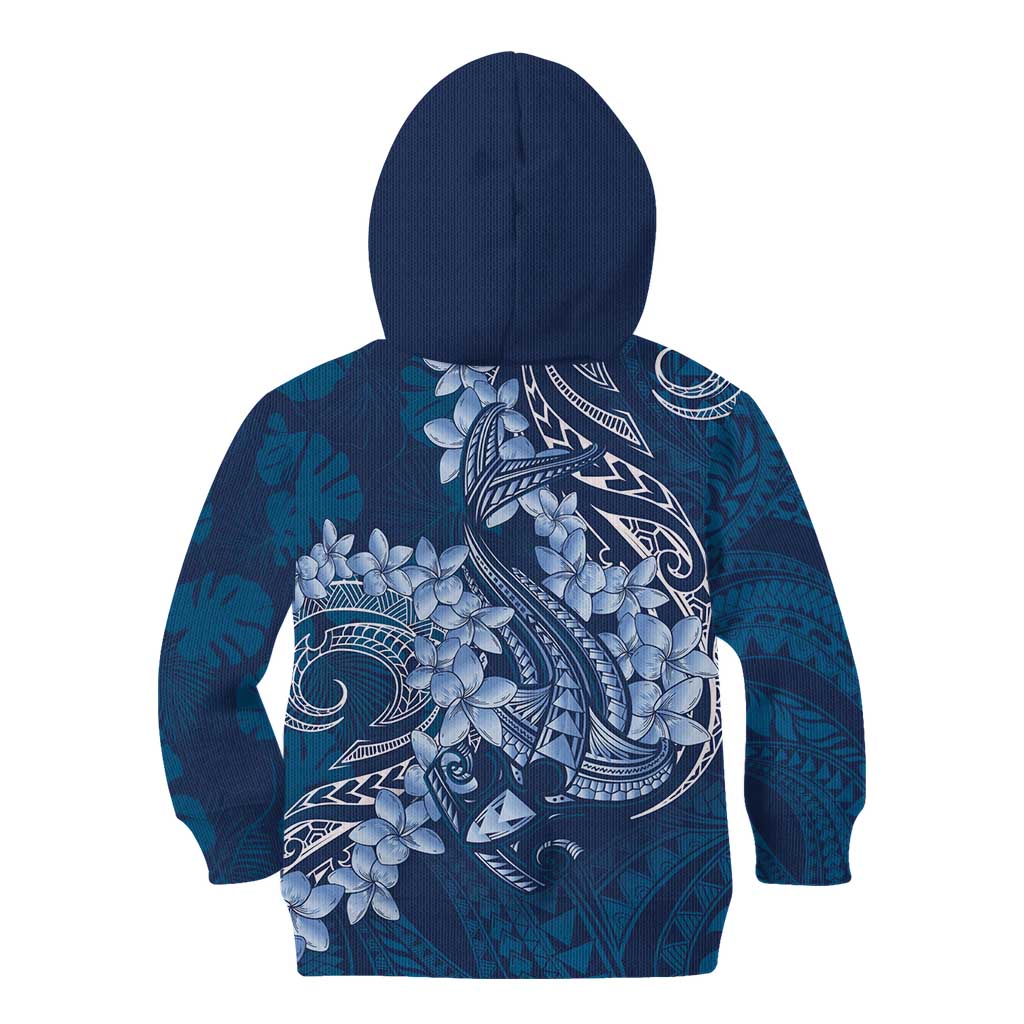 Navy Blue Polynesia Hammerhead Shark Tattoo With Plumeria Lei Kid Hoodie