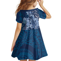 Navy Blue Polynesia Hammerhead Shark Tattoo With Plumeria Lei Kid Short Sleeve Dress
