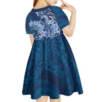 Navy Blue Polynesia Hammerhead Shark Tattoo With Plumeria Lei Kid Short Sleeve Dress
