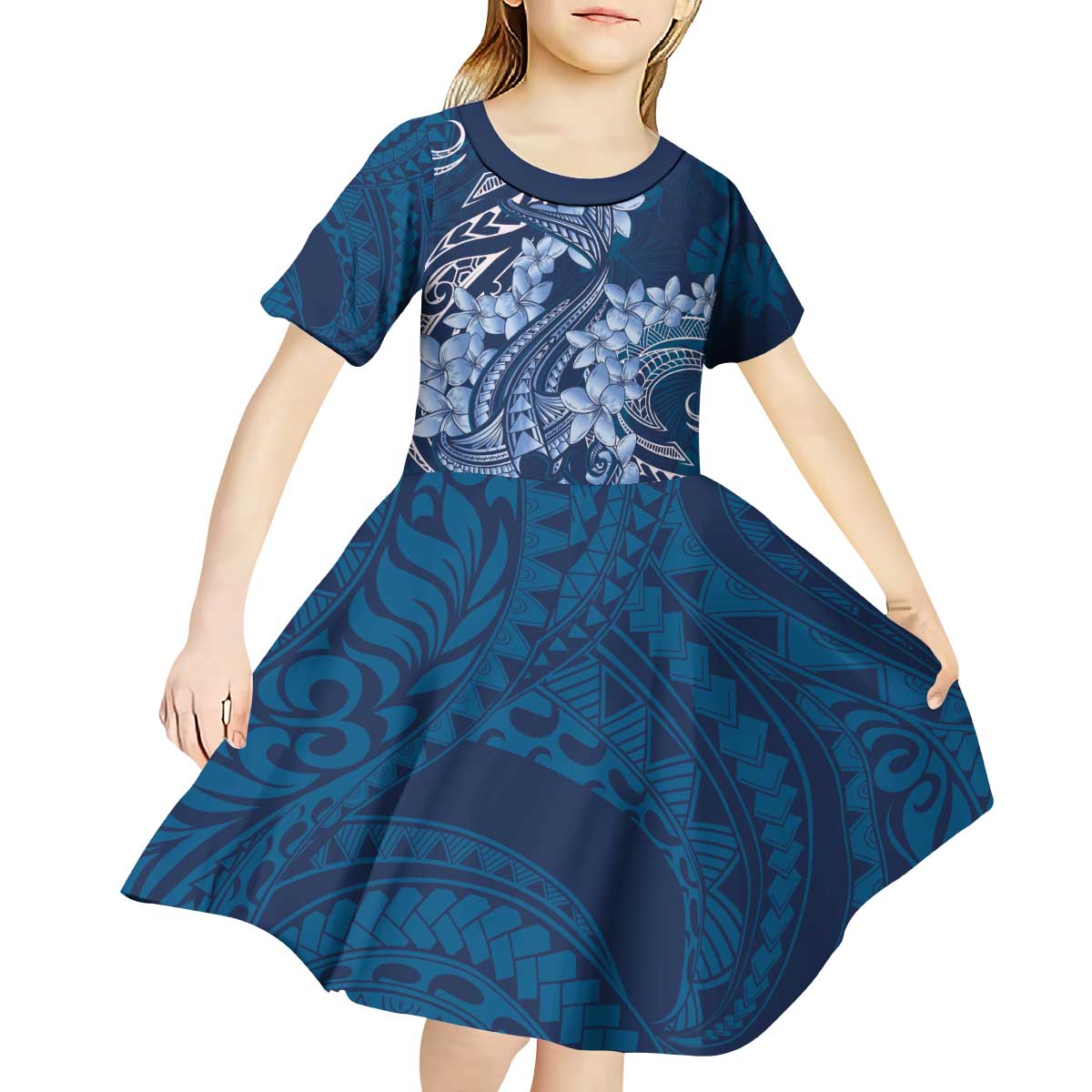 Navy Blue Polynesia Hammerhead Shark Tattoo With Plumeria Lei Kid Short Sleeve Dress