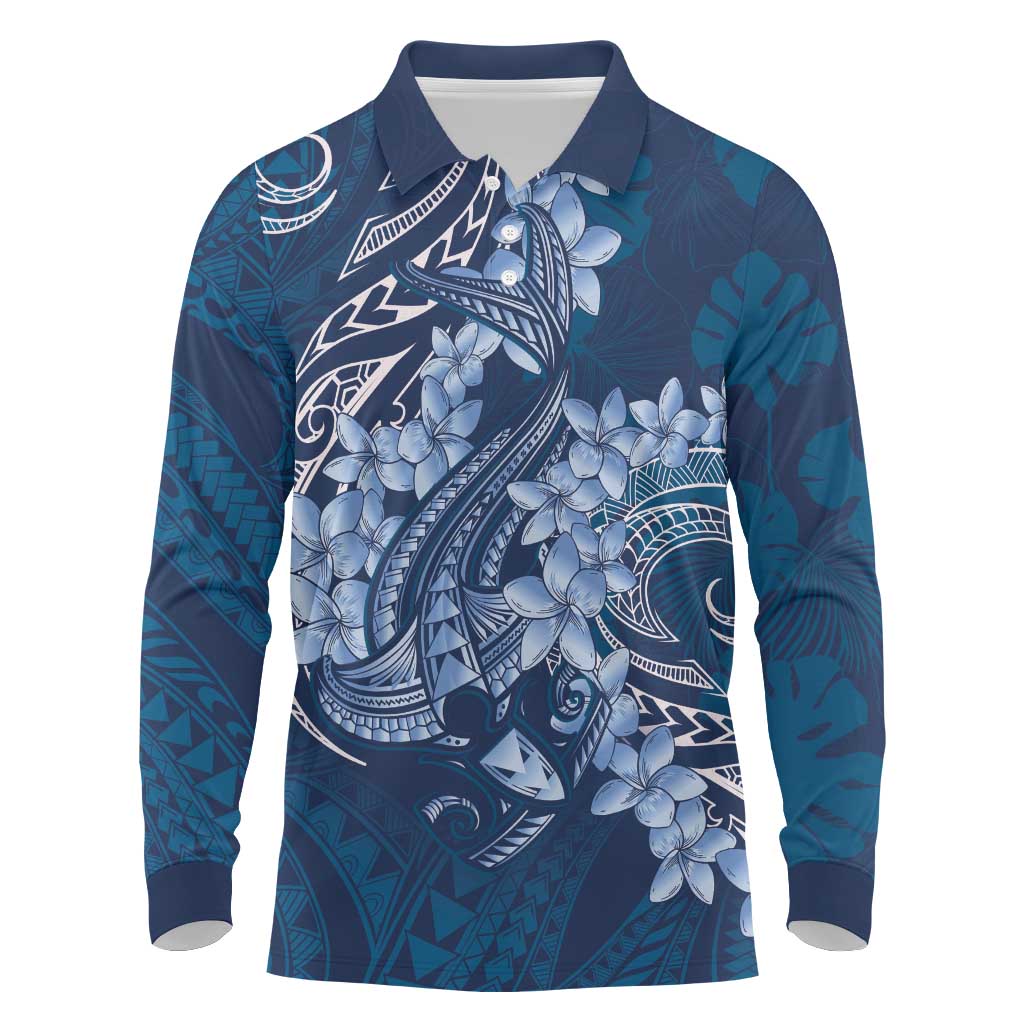 Navy Blue Polynesia Hammerhead Shark Tattoo With Plumeria Lei Long Sleeve Polo Shirt LT14 Navy Blue - Polynesian Pride