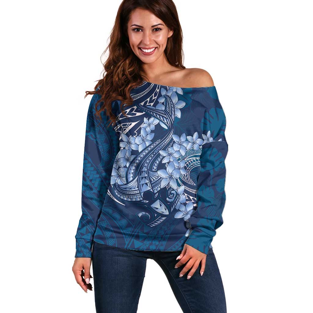 Navy Blue Polynesia Hammerhead Shark Tattoo With Plumeria Lei Off Shoulder Sweater LT14 Women Navy Blue - Polynesian Pride