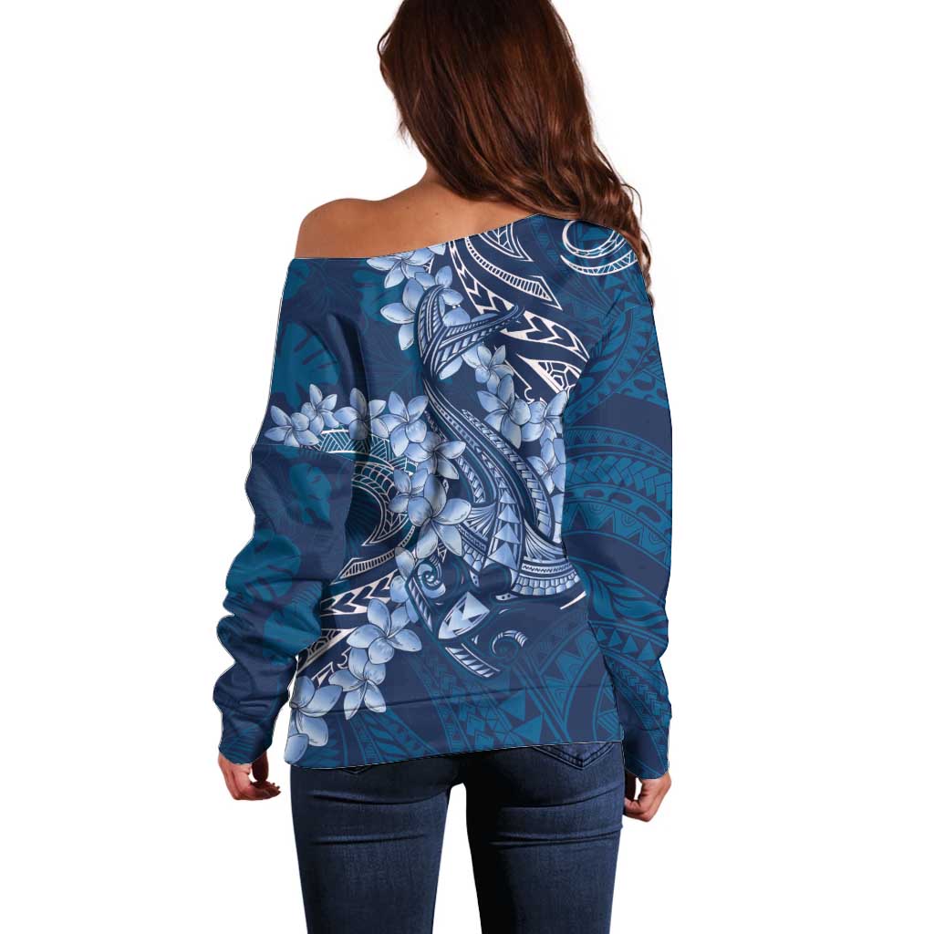 Navy Blue Polynesia Hammerhead Shark Tattoo With Plumeria Lei Off Shoulder Sweater LT14 - Polynesian Pride