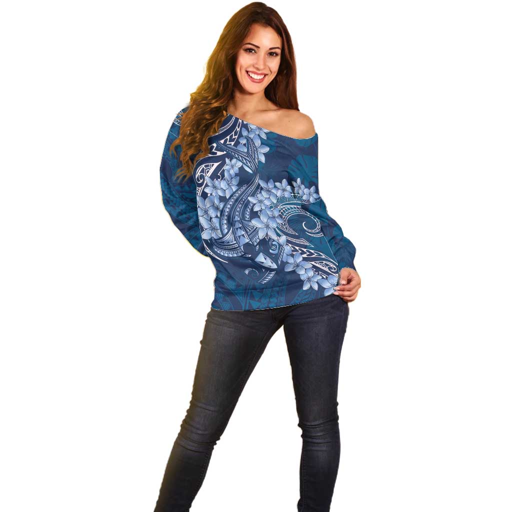 Navy Blue Polynesia Hammerhead Shark Tattoo With Plumeria Lei Off Shoulder Sweater LT14 - Polynesian Pride