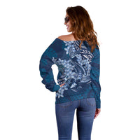 Navy Blue Polynesia Hammerhead Shark Tattoo With Plumeria Lei Off Shoulder Sweater LT14 - Polynesian Pride