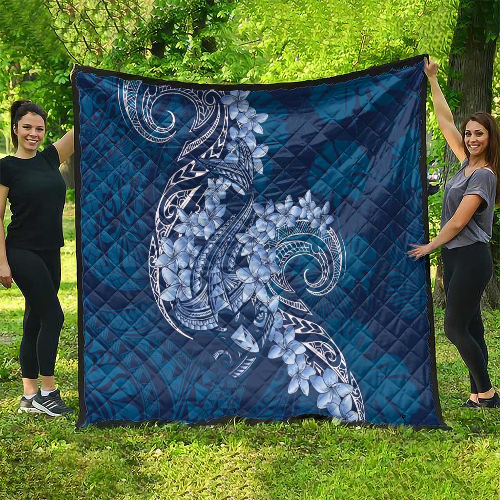 Navy Blue Polynesia Hammerhead Shark Tattoo With Plumeria Lei Quilt