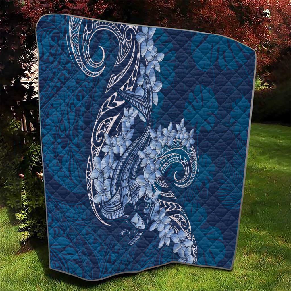 Navy Blue Polynesia Hammerhead Shark Tattoo With Plumeria Lei Quilt