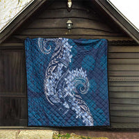 Navy Blue Polynesia Hammerhead Shark Tattoo With Plumeria Lei Quilt