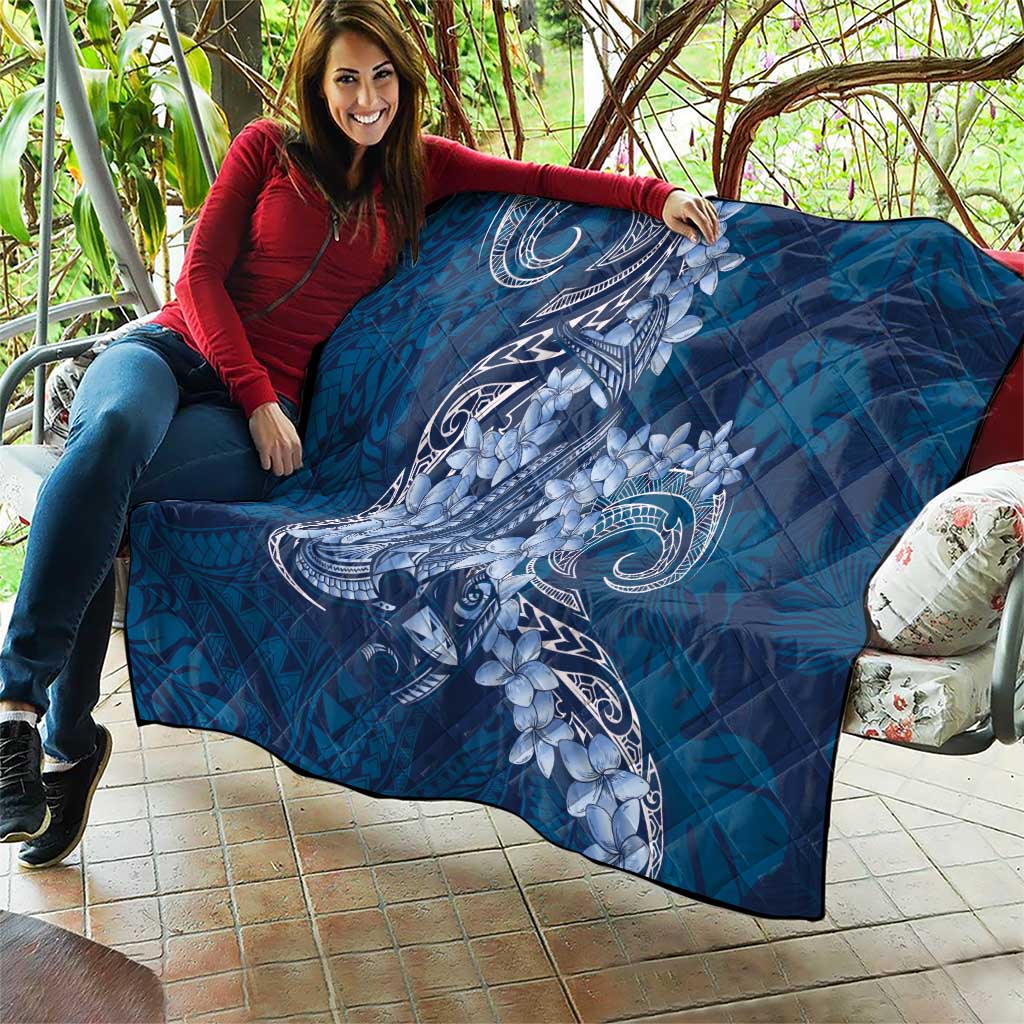 Navy Blue Polynesia Hammerhead Shark Tattoo With Plumeria Lei Quilt