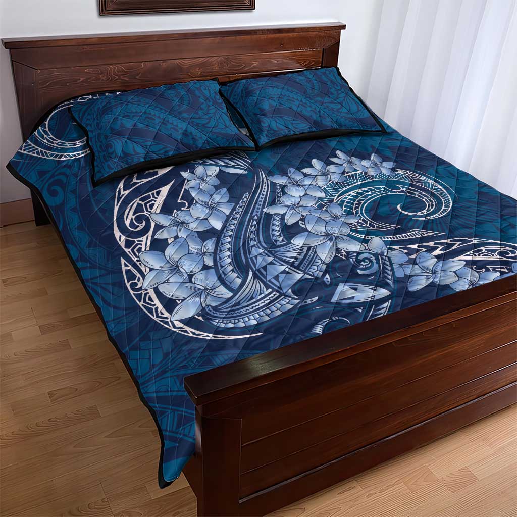 Navy Blue Polynesia Hammerhead Shark Tattoo With Plumeria Lei Quilt Bed Set
