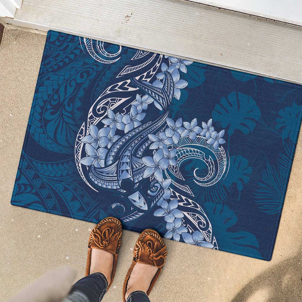 Navy Blue Polynesia Hammerhead Shark Tattoo With Plumeria Lei Rubber Doormat