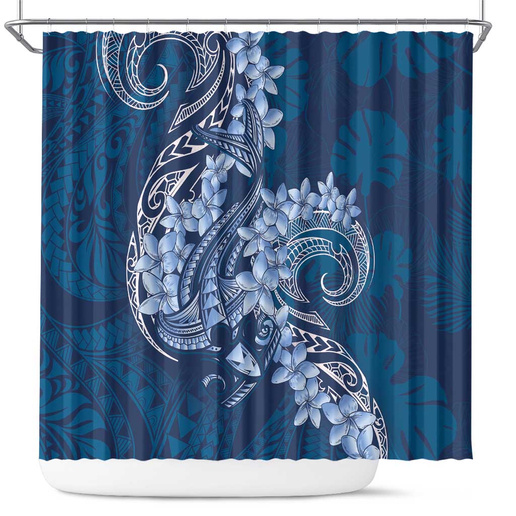 Navy Blue Polynesia Hammerhead Shark Tattoo With Plumeria Lei Shower Curtain