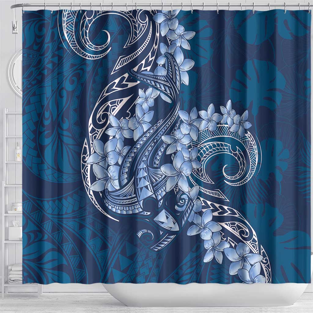 Navy Blue Polynesia Hammerhead Shark Tattoo With Plumeria Lei Shower Curtain