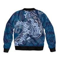 Navy Blue Polynesia Hammerhead Shark Tattoo With Plumeria Lei Sleeve Zip Bomber Jacket