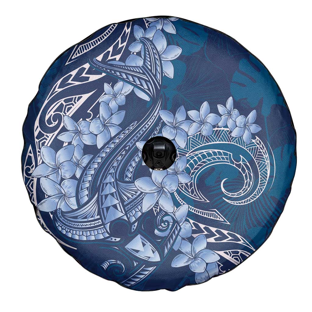 Navy Blue Polynesia Hammerhead Shark Tattoo With Plumeria Lei Spare Tire Cover