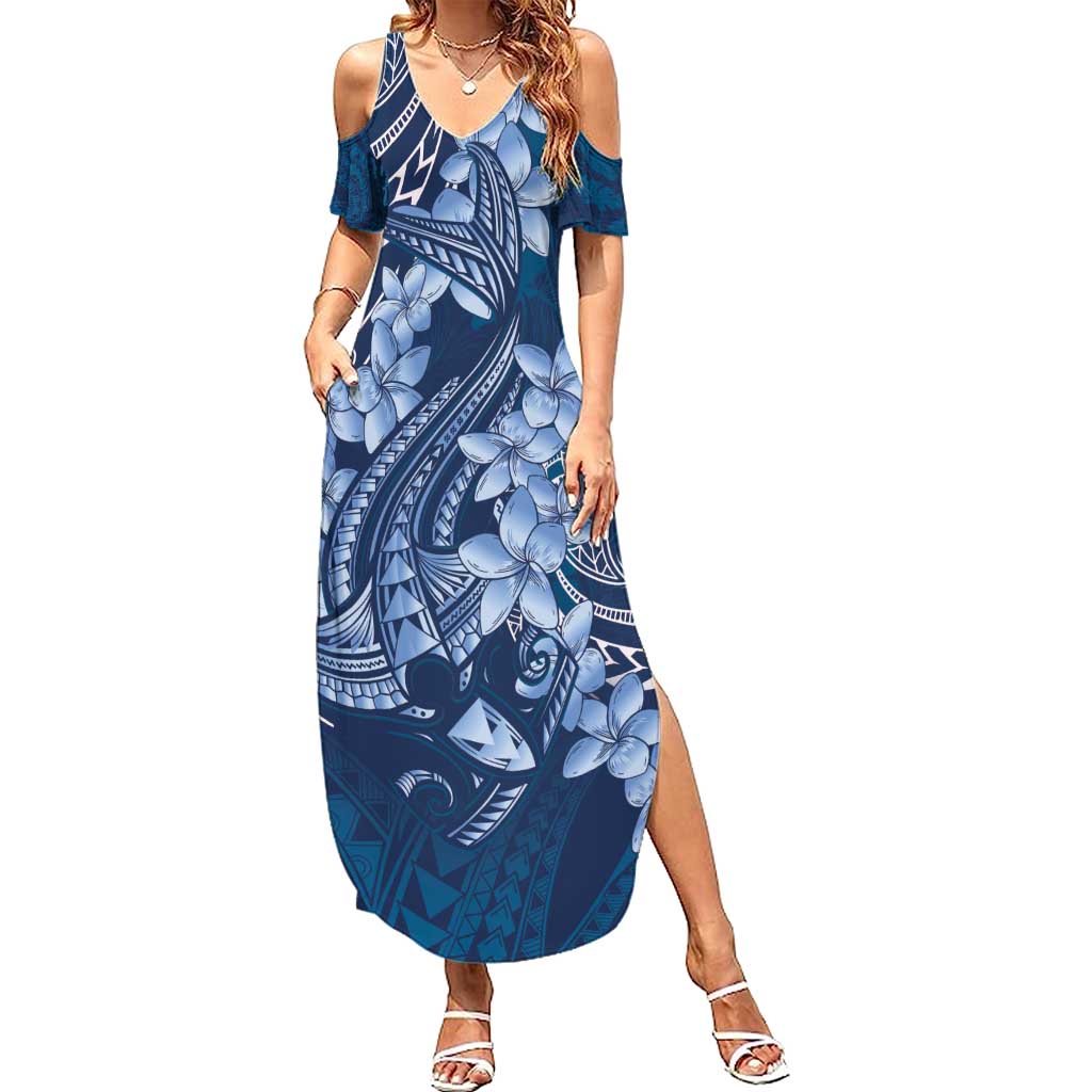 Navy Blue Polynesia Hammerhead Shark Tattoo With Plumeria Lei Summer Maxi Dress