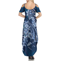 Navy Blue Polynesia Hammerhead Shark Tattoo With Plumeria Lei Summer Maxi Dress