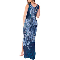 Navy Blue Polynesia Hammerhead Shark Tattoo With Plumeria Lei Tank Maxi Dress