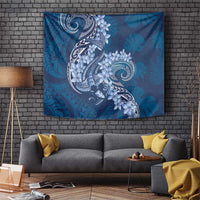 Navy Blue Polynesia Hammerhead Shark Tattoo With Plumeria Lei Tapestry