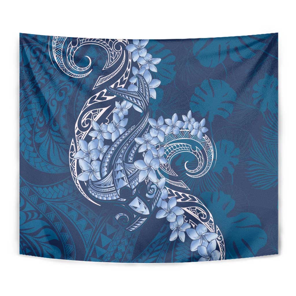 Navy Blue Polynesia Hammerhead Shark Tattoo With Plumeria Lei Tapestry
