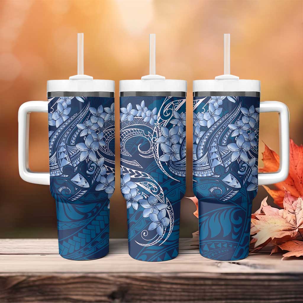 Navy Blue Polynesia Hammerhead Shark Tattoo With Plumeria Lei Tumbler With Handle