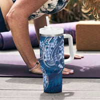 Navy Blue Polynesia Hammerhead Shark Tattoo With Plumeria Lei Tumbler With Handle