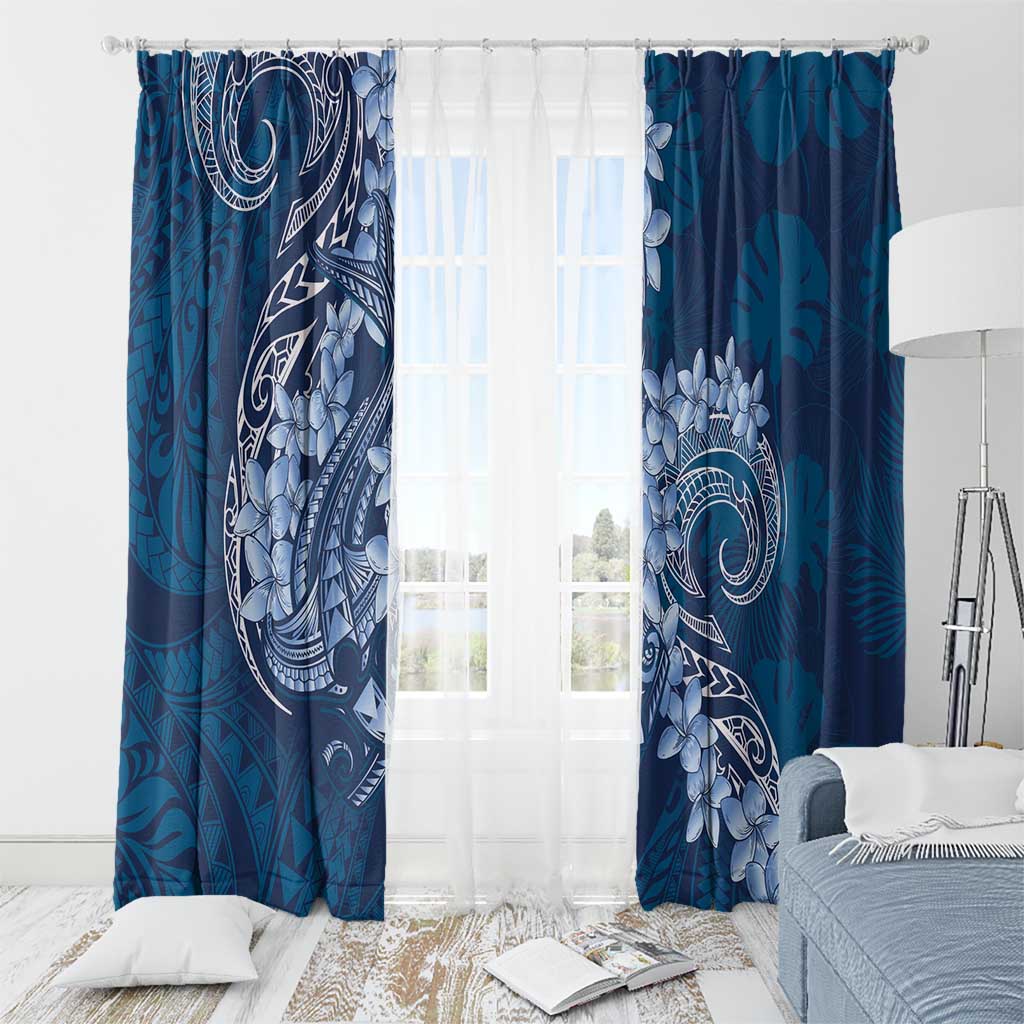 Navy Blue Polynesia Hammerhead Shark Tattoo With Plumeria Lei Window Curtain