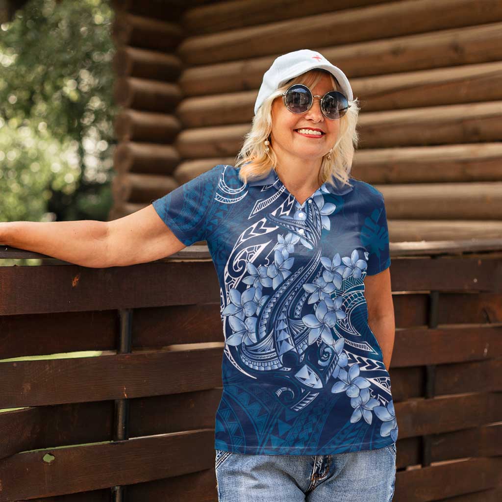 Navy Blue Polynesia Hammerhead Shark Tattoo With Plumeria Lei Women Polo Shirt