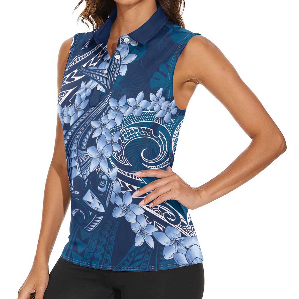 Navy Blue Polynesia Hammerhead Shark Tattoo With Plumeria Lei Women Sleeveless Polo Shirt