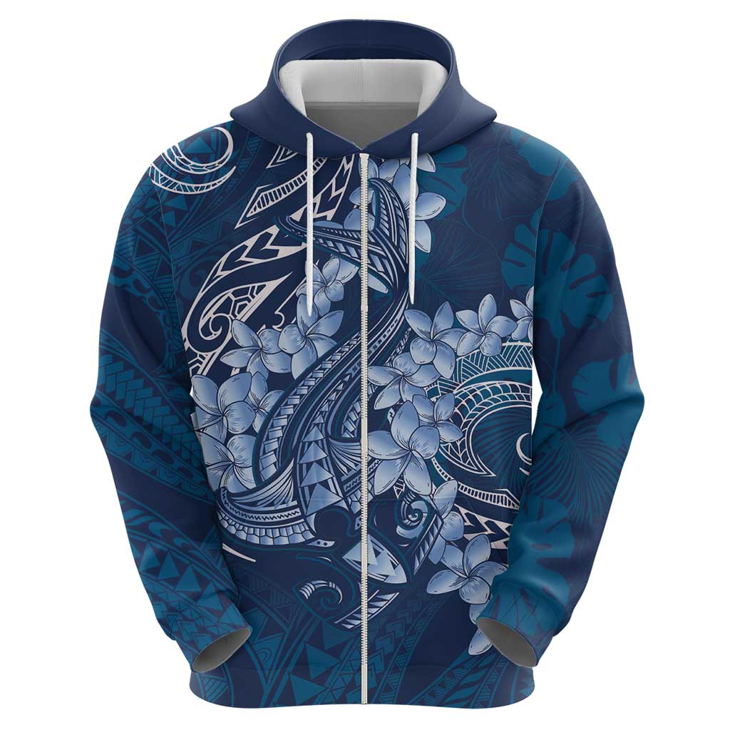 Navy Blue Polynesia Hammerhead Shark Tattoo With Plumeria Lei Zip Hoodie
