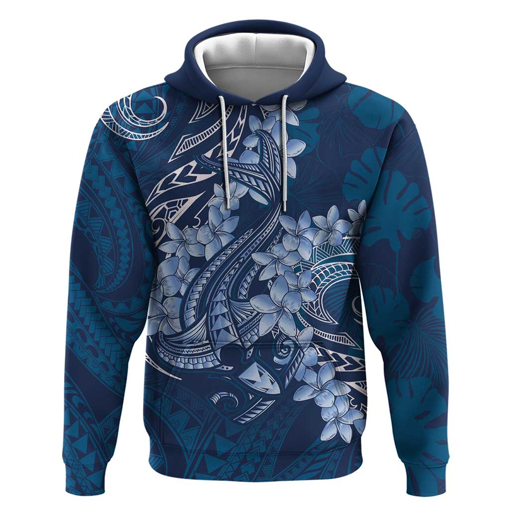 Navy Blue Polynesia Hammerhead Shark Tattoo With Plumeria Lei Zip Hoodie