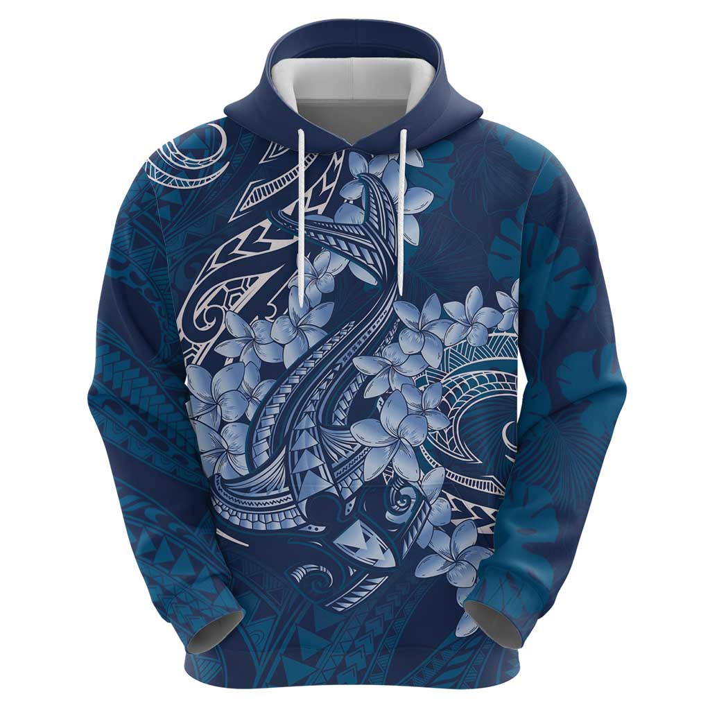 Navy Blue Polynesia Hammerhead Shark Tattoo With Plumeria Lei Zip Hoodie