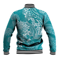 Teal Polynesia Hammerhead Shark Tattoo With Plumeria Lei Baseball Jacket LT14 - Polynesian Pride