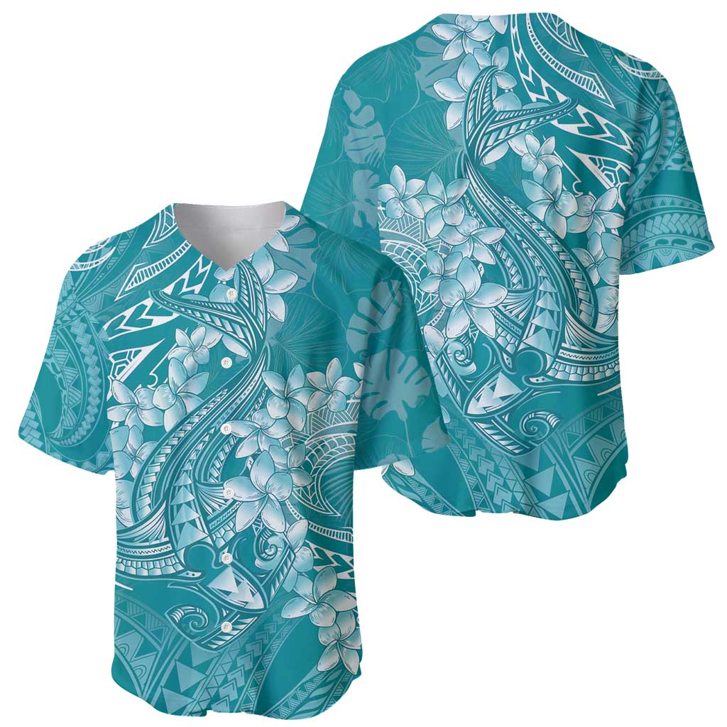 Teal Polynesia Hammerhead Shark Tattoo With Plumeria Lei Baseball Jersey