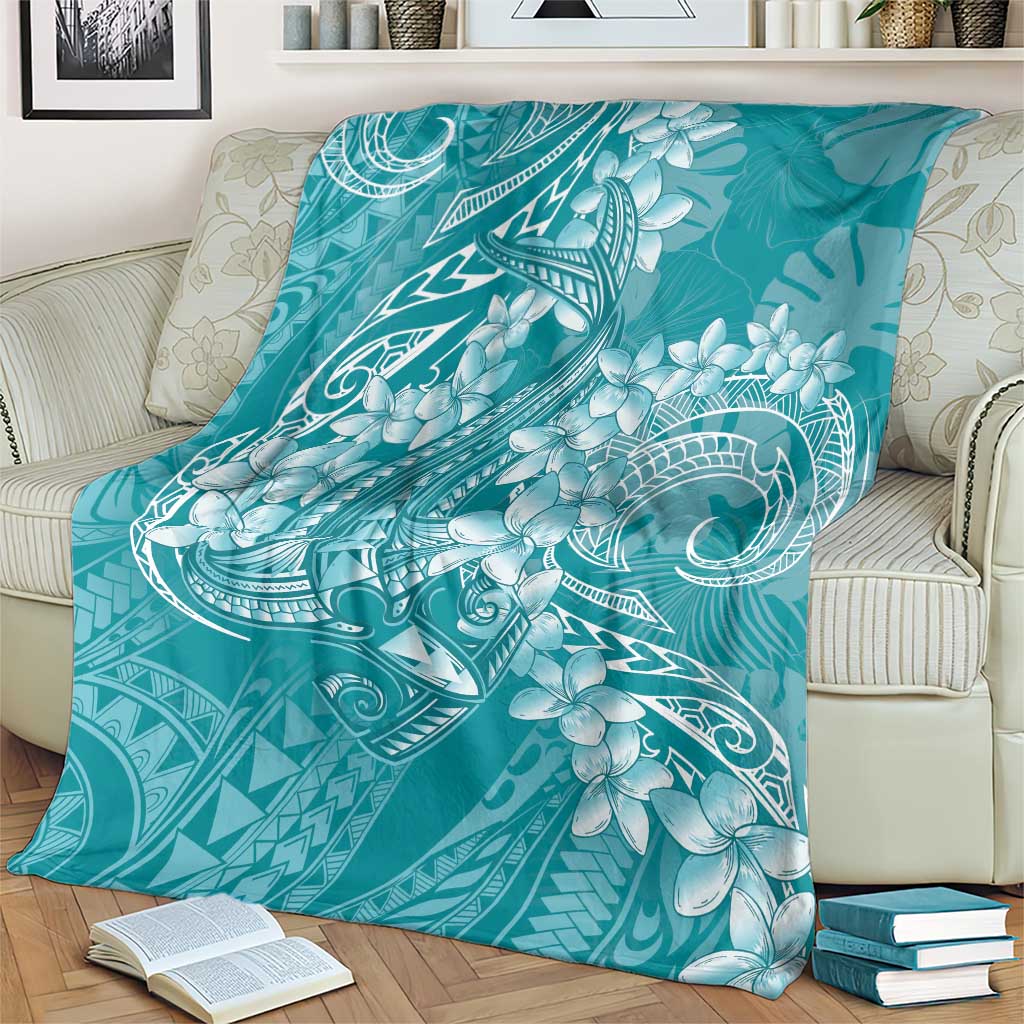 Teal Polynesia Hammerhead Shark Tattoo With Plumeria Lei Blanket