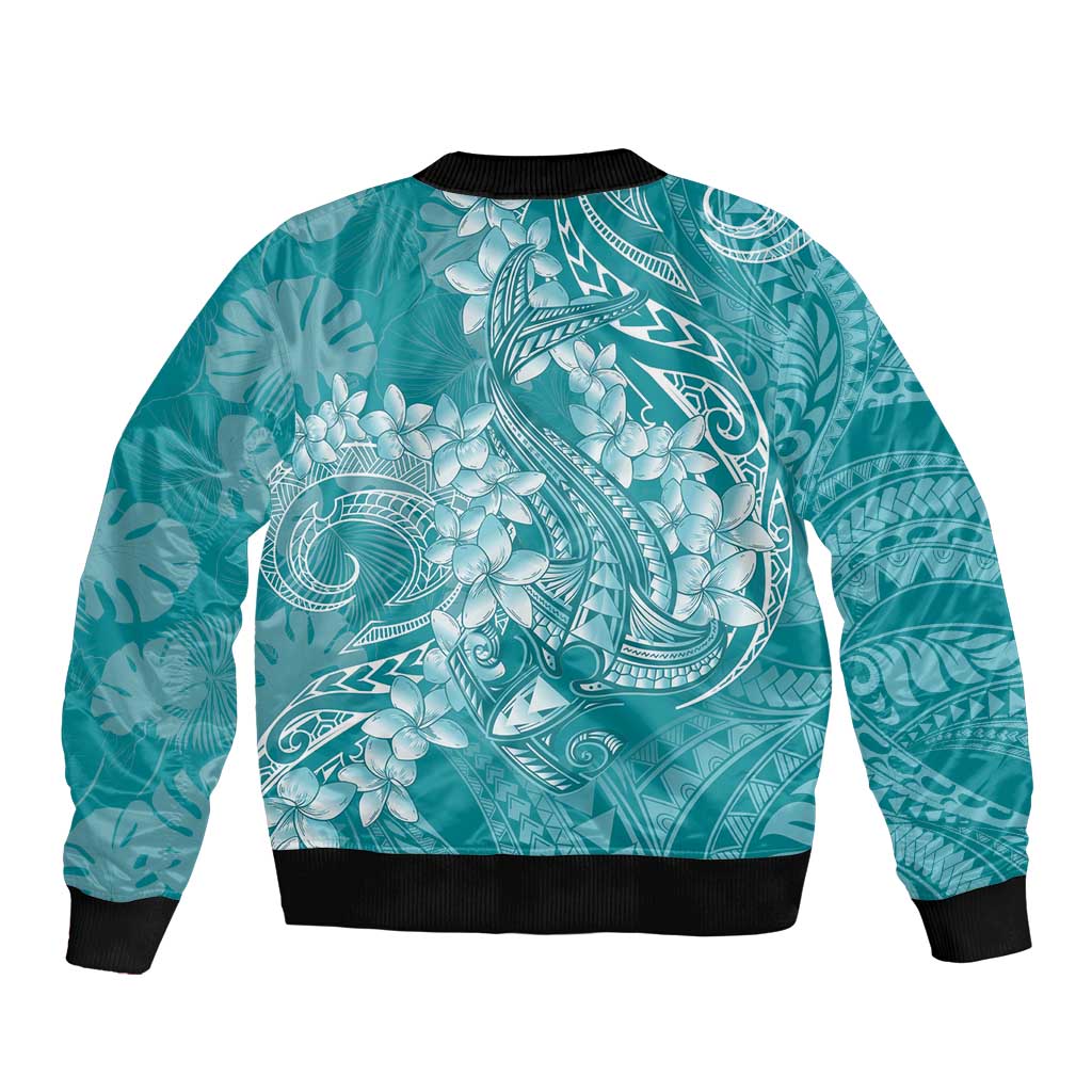 Teal Polynesia Hammerhead Shark Tattoo With Plumeria Lei Bomber Jacket
