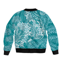 Teal Polynesia Hammerhead Shark Tattoo With Plumeria Lei Bomber Jacket