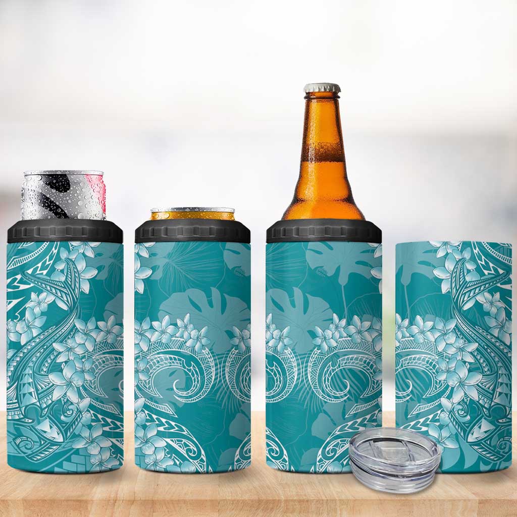 Teal Polynesia Hammerhead Shark Tattoo With Plumeria Lei 4 in 1 Can Cooler Tumbler