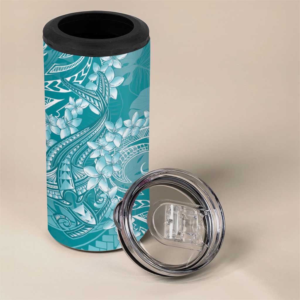 Teal Polynesia Hammerhead Shark Tattoo With Plumeria Lei 4 in 1 Can Cooler Tumbler