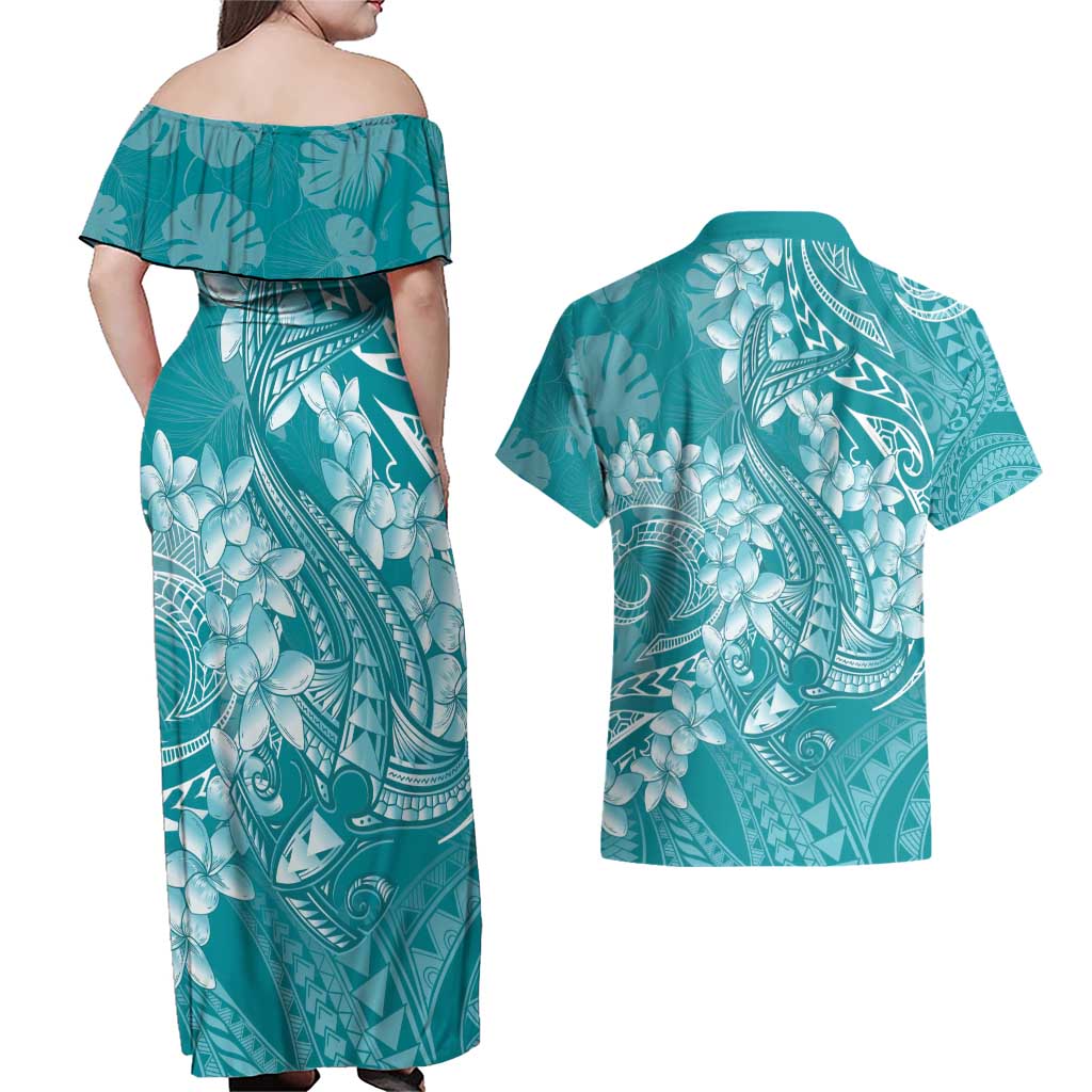Teal Polynesia Hammerhead Shark Tattoo With Plumeria Lei Couples Matching Off Shoulder Maxi Dress and Hawaiian Shirt