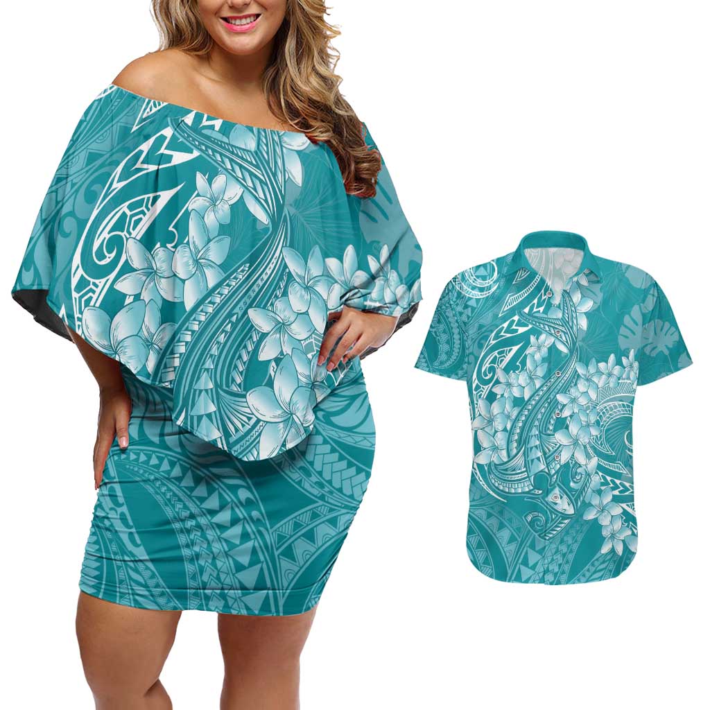 Teal Polynesia Hammerhead Shark Tattoo With Plumeria Lei Couples Matching Off Shoulder Short Dress and Hawaiian Shirt